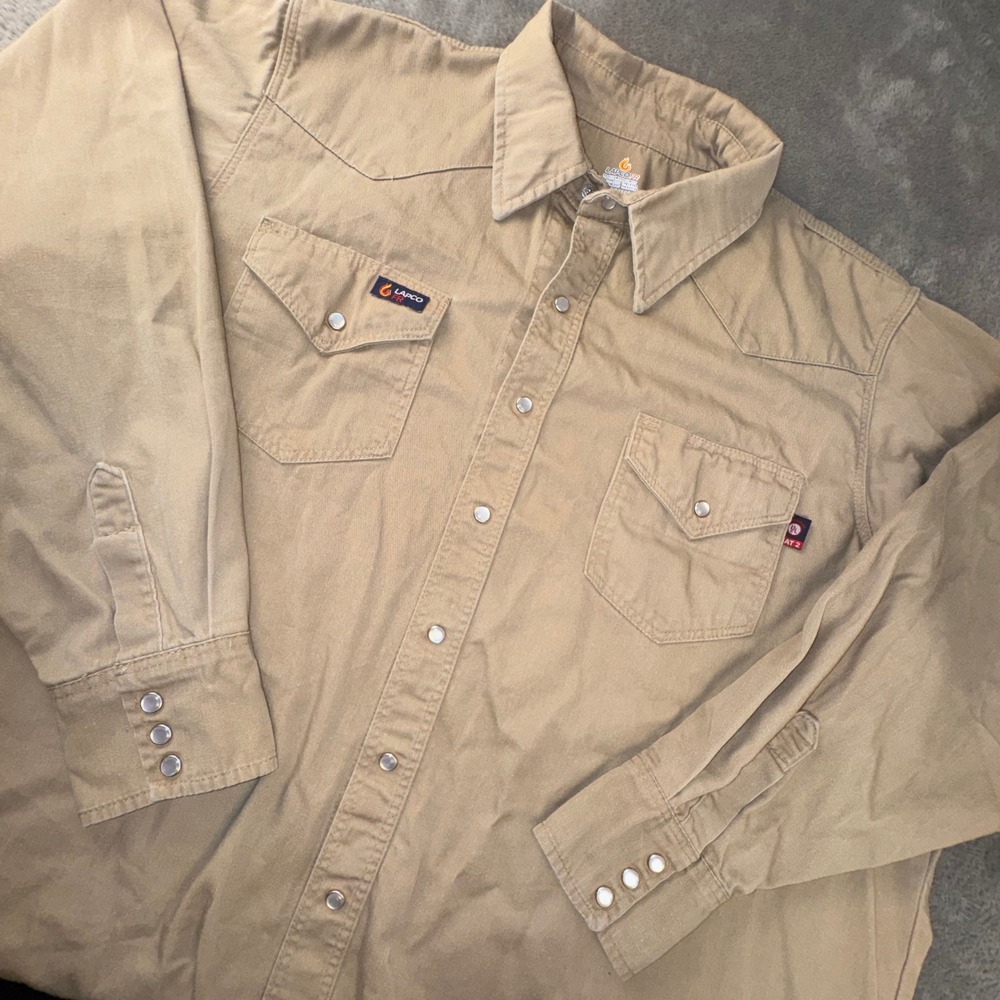 LAPCO FR Work Shirt Mens 2XL Long Khaki EUC Flame Resistant Pearl Snap CAT2